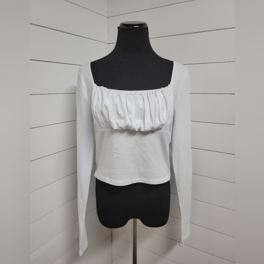 NWT SO The Favorite Tee Cropped White Long Sleeve Shirt Square Neck